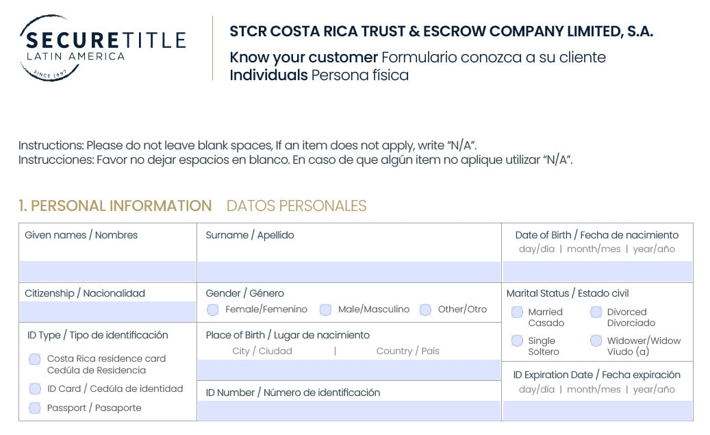 Example of Escrow Know Your Customer Form (KYC)